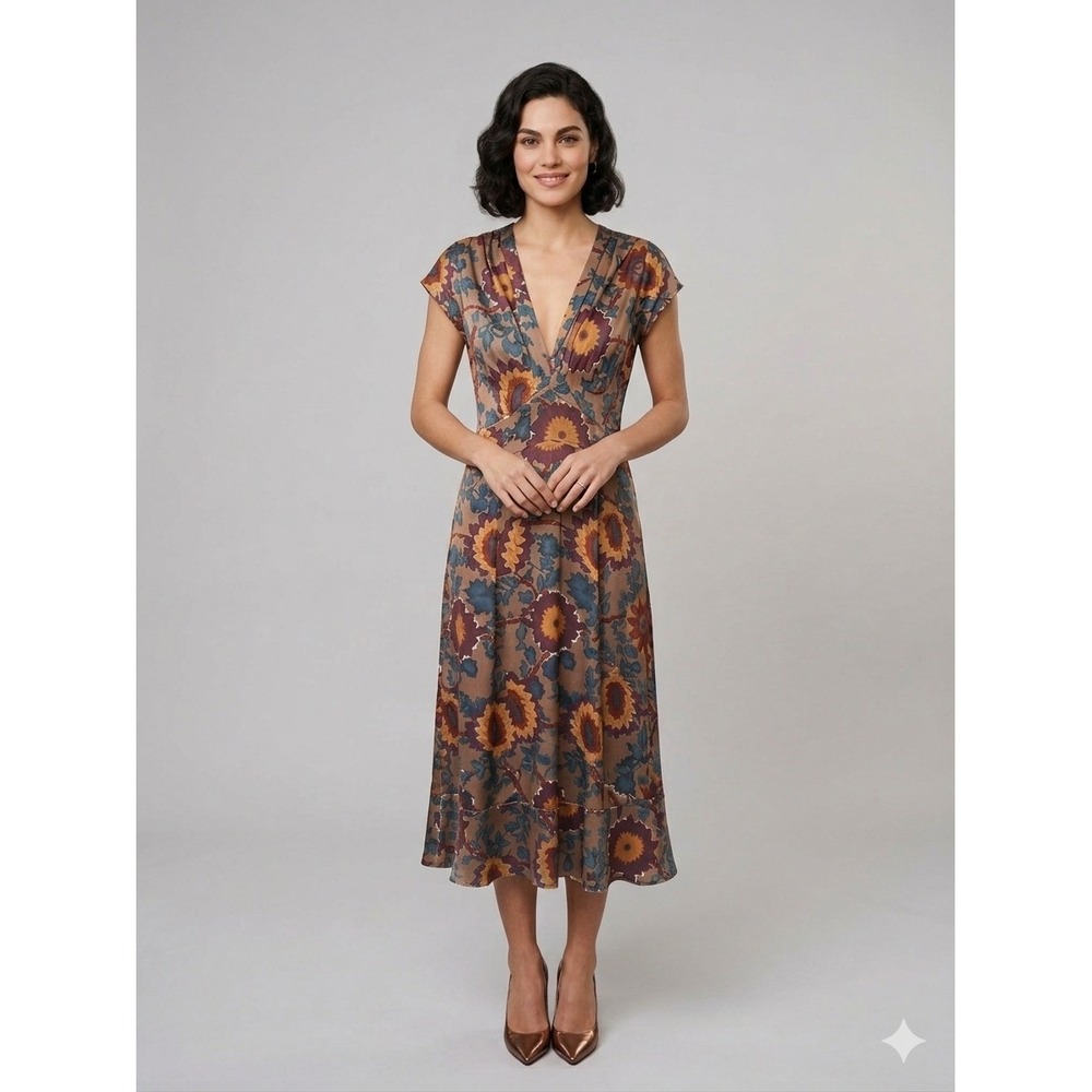 Jigsaw Womens 100% Silk Floral Midi Dress Brown V-Neck Empire Waist Size 12